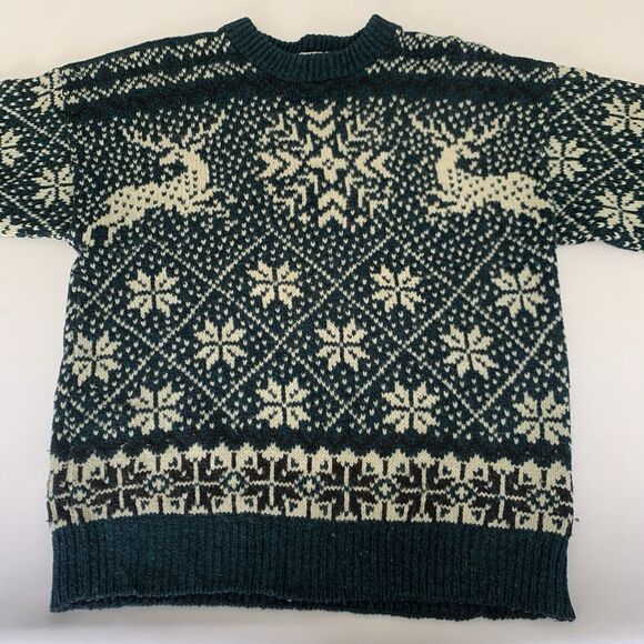 VTG 90s Sweater Women M Dark Green Beige Reindeer Snowflake Christmas Fair Isle - Picture 2 of 6
